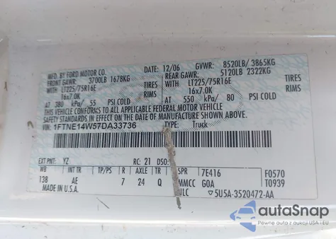 2007 Ford E-150 Commercial/Recreational z USA, uszkodzony, nr VIN 1FTNE14W57DA33736